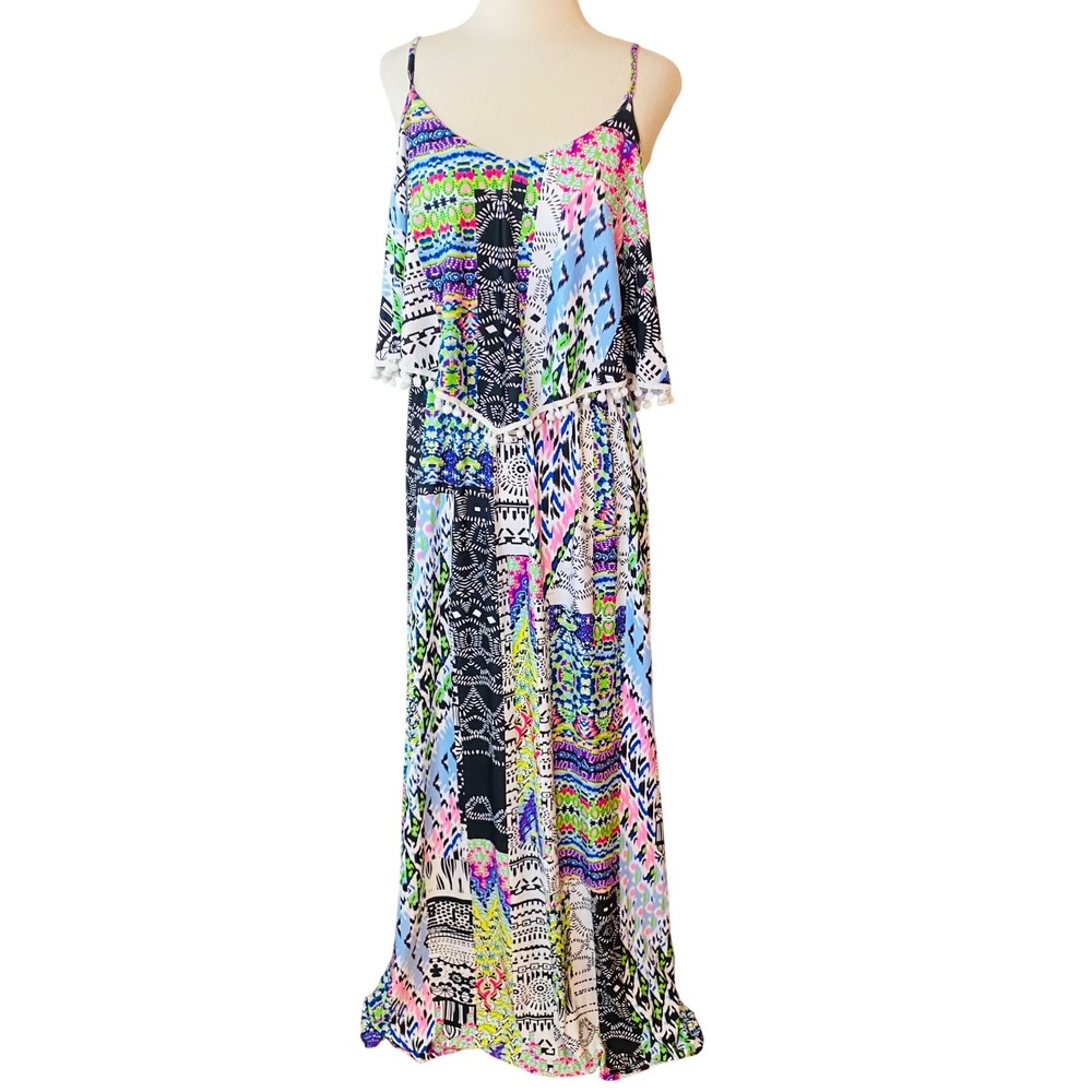 Magic  Multi Color Patchwork Pom Pom Trim Boho V-Neck Maxi Dress L cottage core